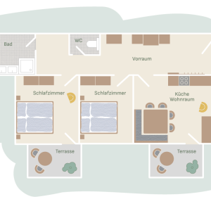 Grundriss der Ferienwohnung am Mailänderhof mit zwei Schlafzimmern, Küche mit Wohnraum, Bad, WC und zwei Terrassen