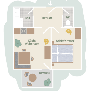 Grundriss der Ferienwohnung am Mailänderhof mit einem Schlafzimmer, Küche mit Wohnraum, Bad, WC und Terrasse