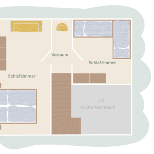Grundriss Obergeschoss Ferienwohnung 4 am Mailänderhof mit zwei Schlafzimmern, Vorraum und Zugang zum Wohnbereich im Untergeschoss