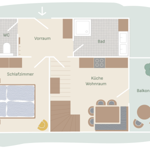 Grundriss Untergeschoss Ferienwohnung 4 am Mailänderhof mit Schlafzimmer, Küche-Wohnraum, Bad, WC und Balkon.