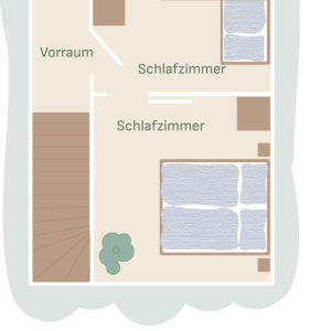Grundriss Obergeschoss Ferienwohnung 5 und 7 am Mailänderhof mit zwei Schlafzimmern und Vorraum.