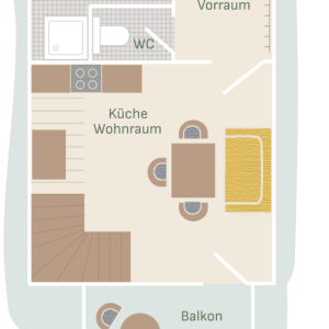 Grundriss Untergeschoss Ferienwohnung 5 und 7 am Mailänderhof mit Küche-Wohnraum, Bad, WC und Balkon.