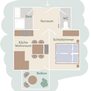 Grundriss Untergeschoss Ferienwohnung 6 und 8 am Mailänderhof mit einem Schlafzimmern, Küche-Wohnraum, Bad, WC und Vorraum