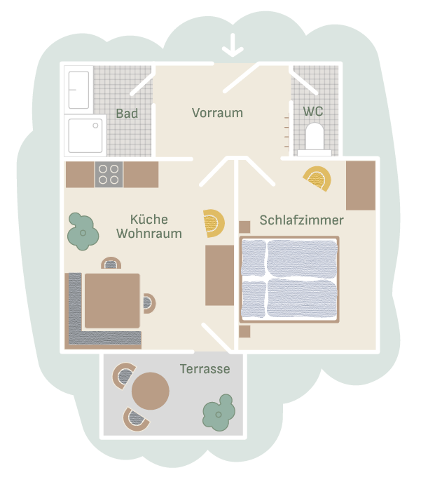 Grundriss der Ferienwohnung am Mailänderhof mit einem Schlafzimmer, Küche mit Wohnraum, Bad, WC und Terrasse