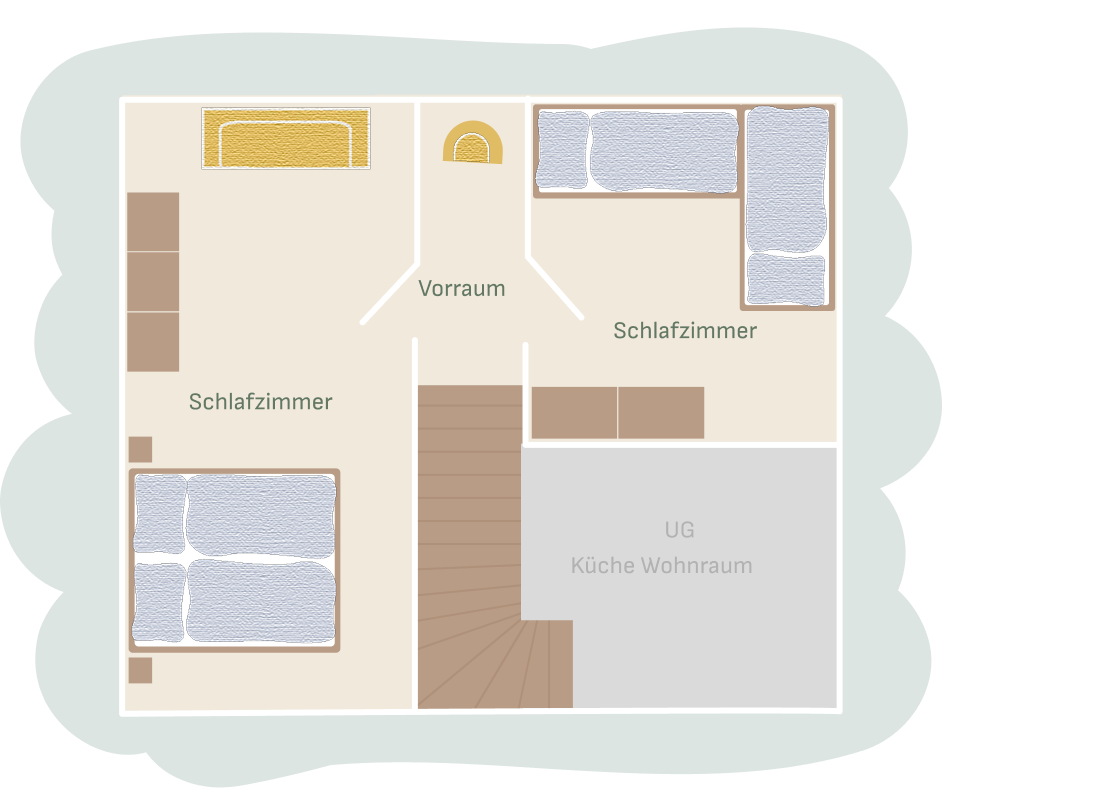 Grundriss Obergeschoss Ferienwohnung 4 am Mailänderhof mit zwei Schlafzimmern, Vorraum und Zugang zum Wohnbereich im Untergeschoss