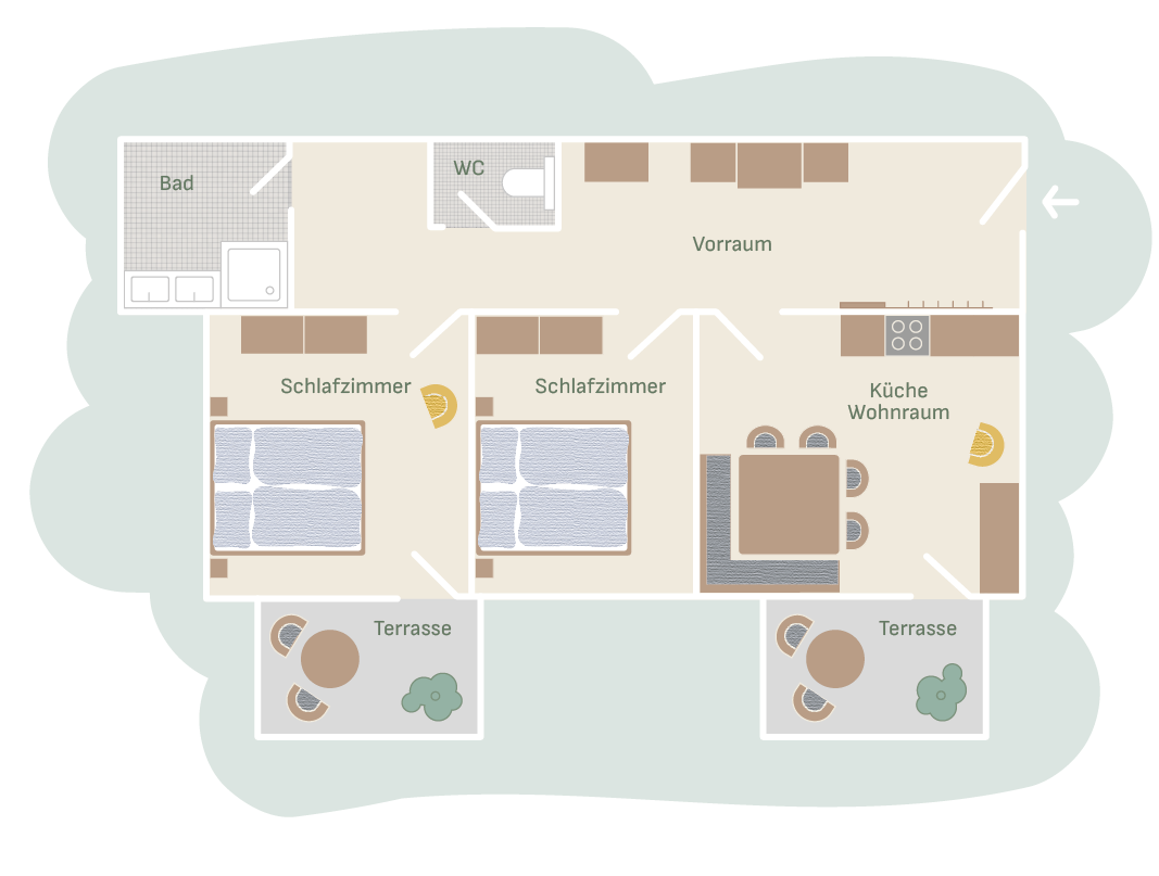 Grundriss der Ferienwohnung am Mailänderhof mit zwei Schlafzimmern, Küche mit Wohnraum, Bad, WC und zwei Terrassen