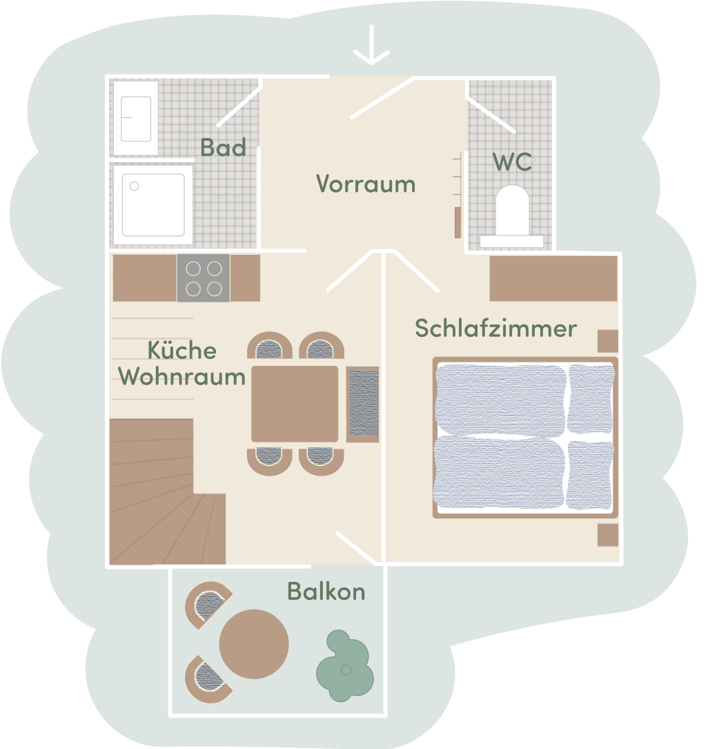 Grundriss Untergeschoss Ferienwohnung 6 und 8 am Mailänderhof mit einem Schlafzimmern, Küche-Wohnraum, Bad, WC und Vorraum