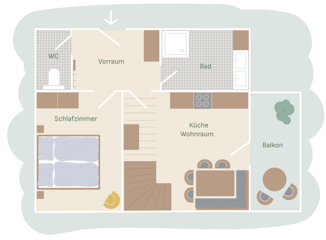 Grundriss Untergeschoss Ferienwohnung 4 am Mailänderhof mit Schlafzimmer, Küche-Wohnraum, Bad, WC und Balkon.