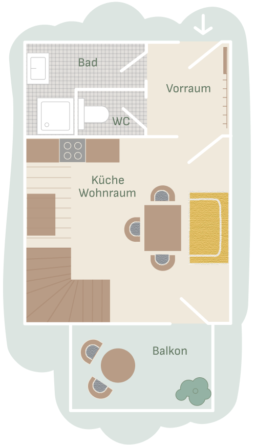 Grundriss Untergeschoss Ferienwohnung 5 und 7 am Mailänderhof mit Küche-Wohnraum, Bad, WC und Balkon.