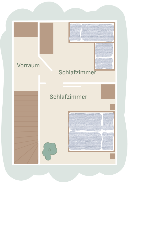Grundriss Obergeschoss Ferienwohnung 5 und 7 am Mailänderhof mit zwei Schlafzimmern und Vorraum.